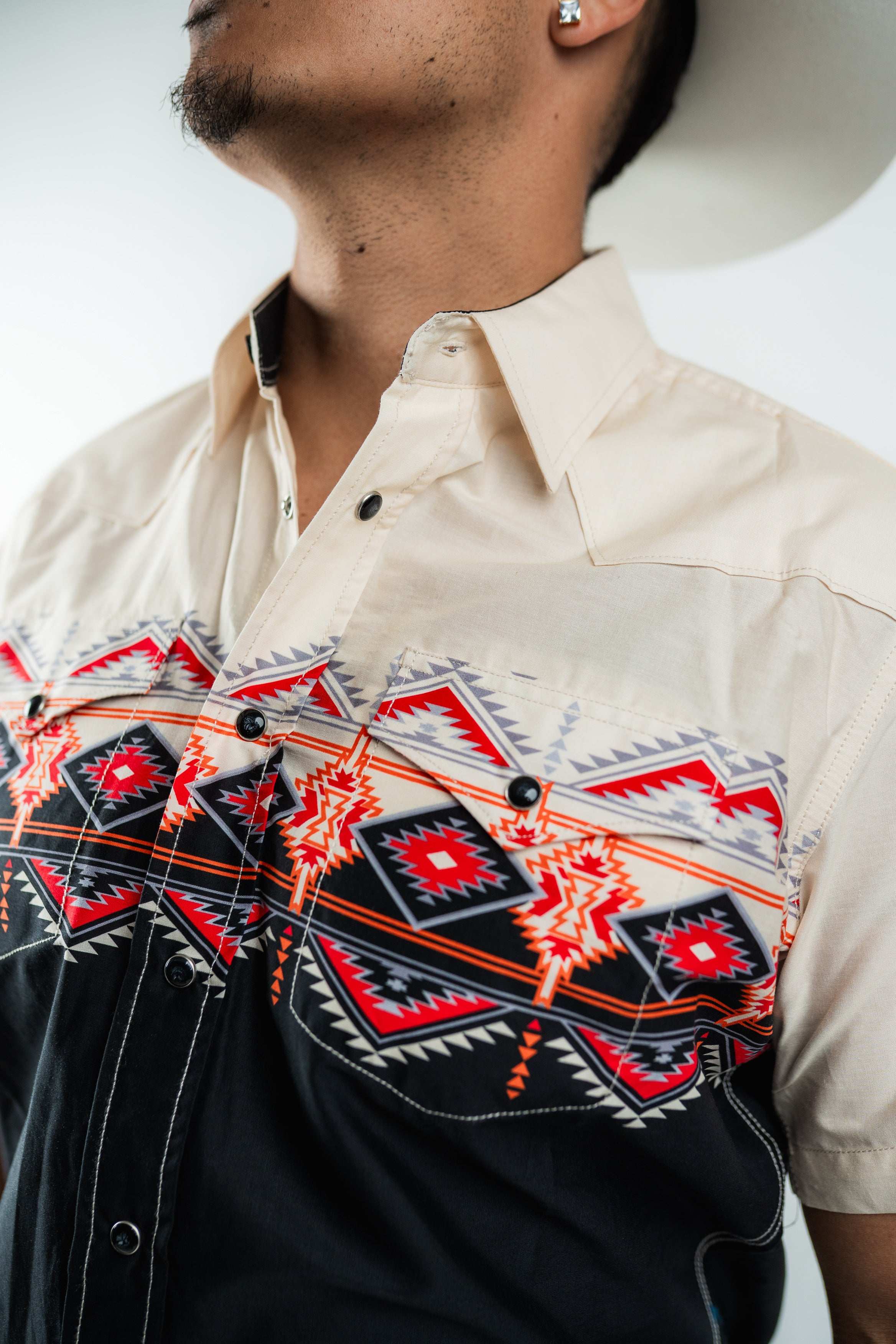 Texas Country - Beige & Black Aztec Western Short Sleeve Shirt (PS100S/T #1150)