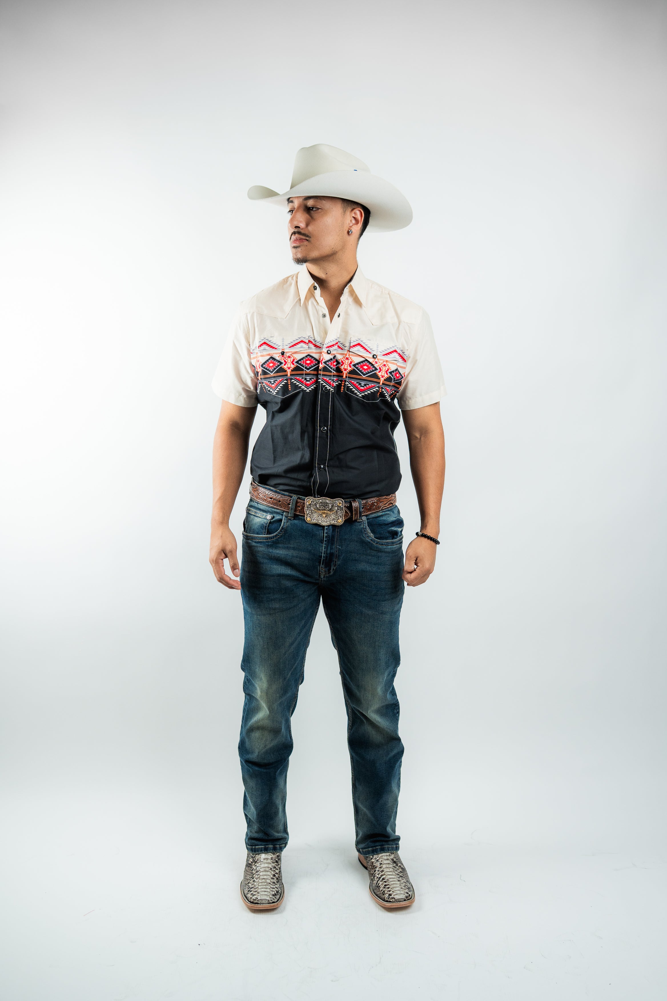 Texas Country - Beige & Black Aztec Western Short Sleeve Shirt (PS100S/T #1150)