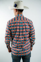 Texas Country - Blue & Red Aztec Button-Down Long Sleeve Shirt (MOD 184)