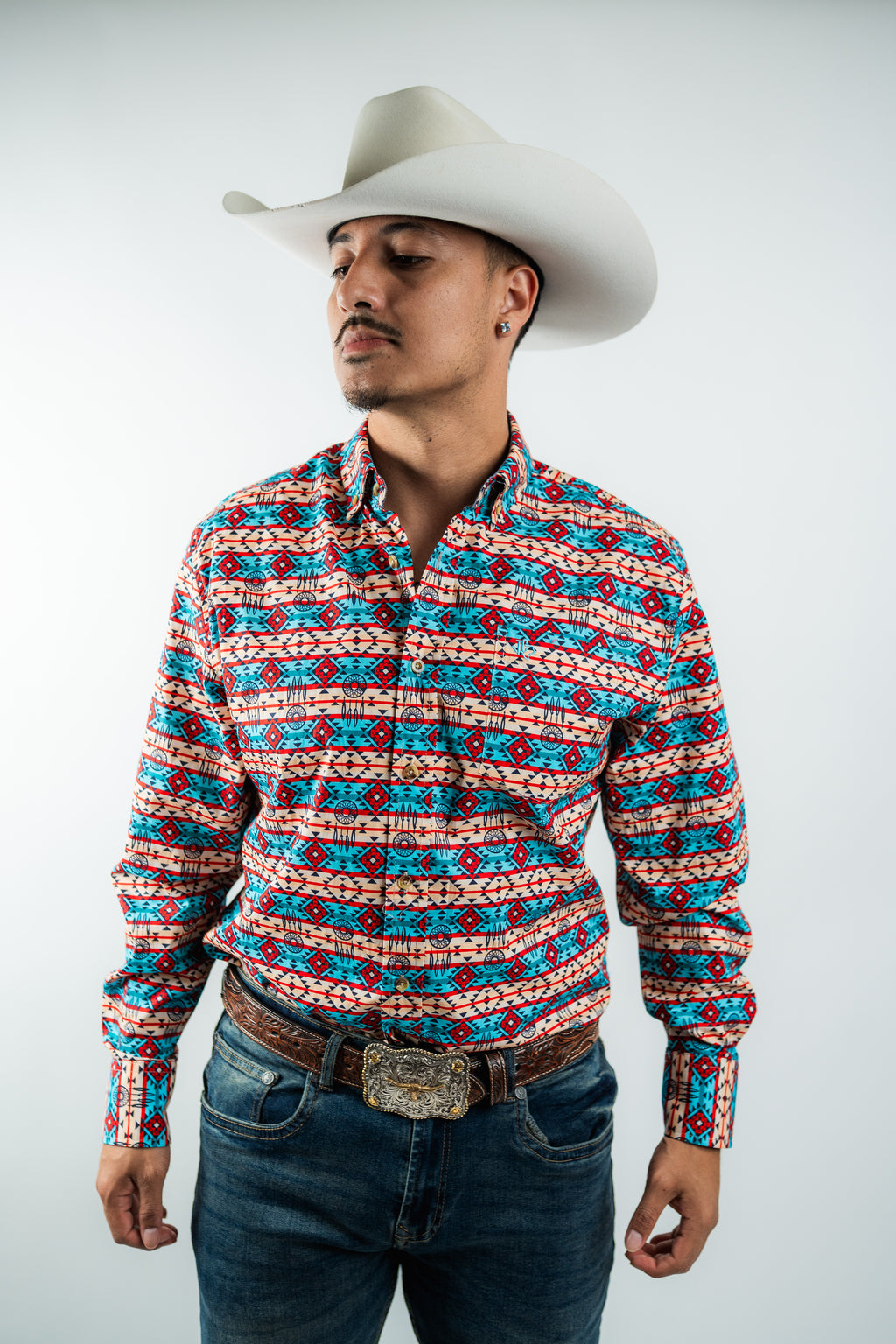 Texas Country - Blue & Red Aztec Button-Down Long Sleeve Shirt (MOD 184)