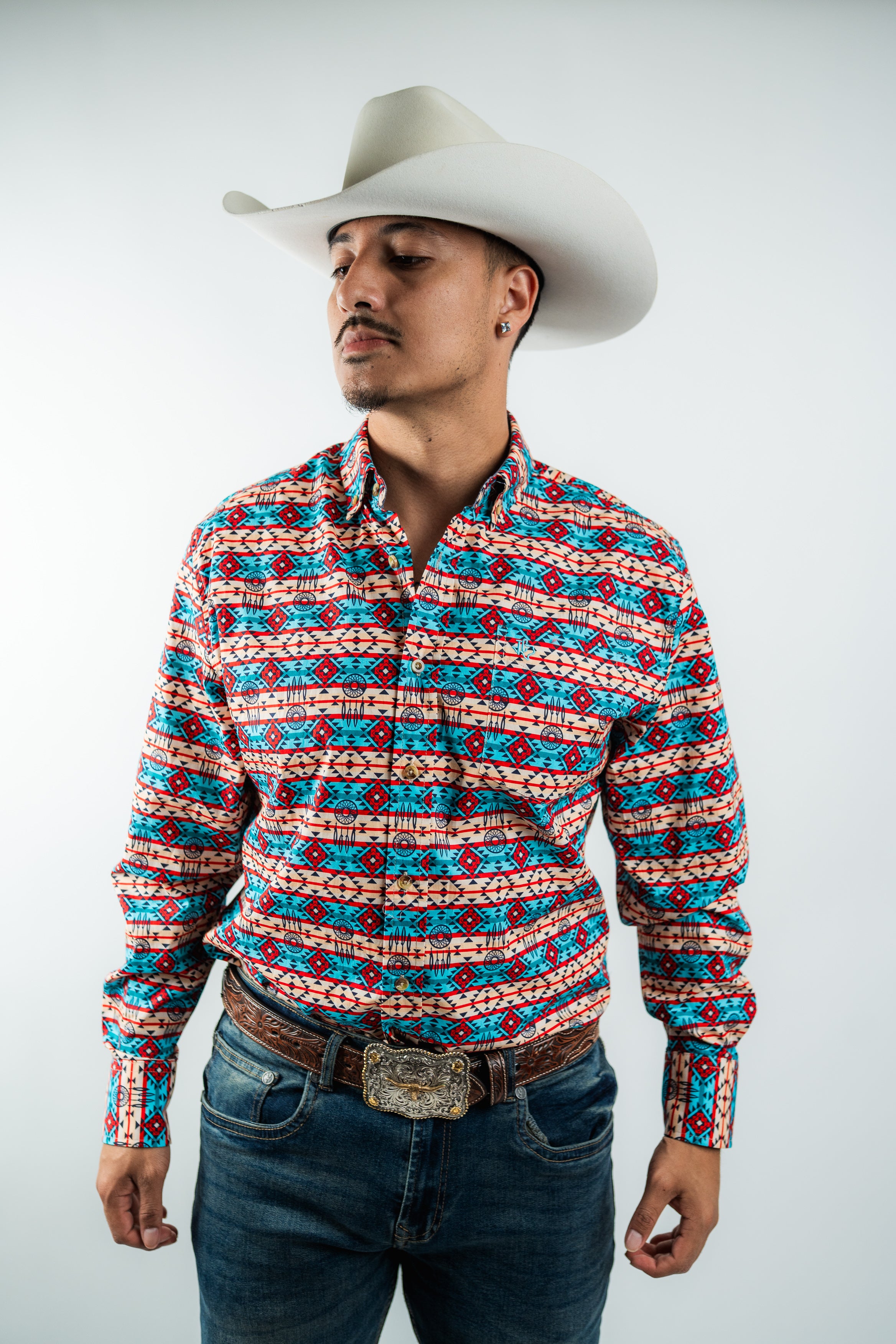 Texas Country - Blue & Red Aztec Button-Down Long Sleeve Shirt (MOD 184)