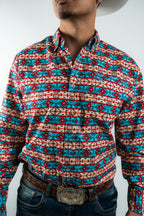 Texas Country - Blue & Red Aztec Button-Down Long Sleeve Shirt (MOD 184)