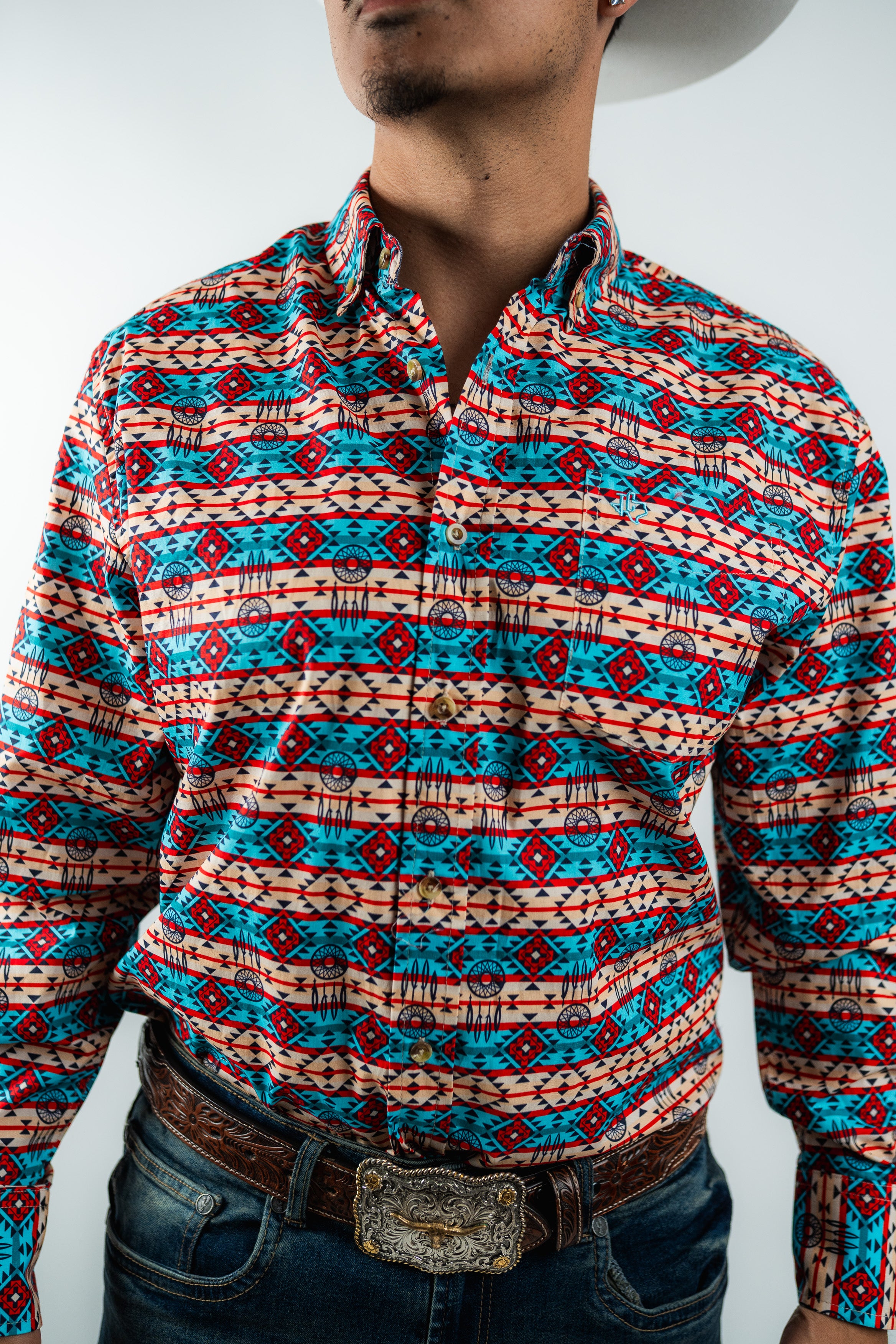 Texas Country - Blue & Red Aztec Button-Down Long Sleeve Shirt (MOD 184)
