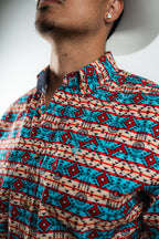 Texas Country - Blue & Red Aztec Button-Down Long Sleeve Shirt (MOD 184)
