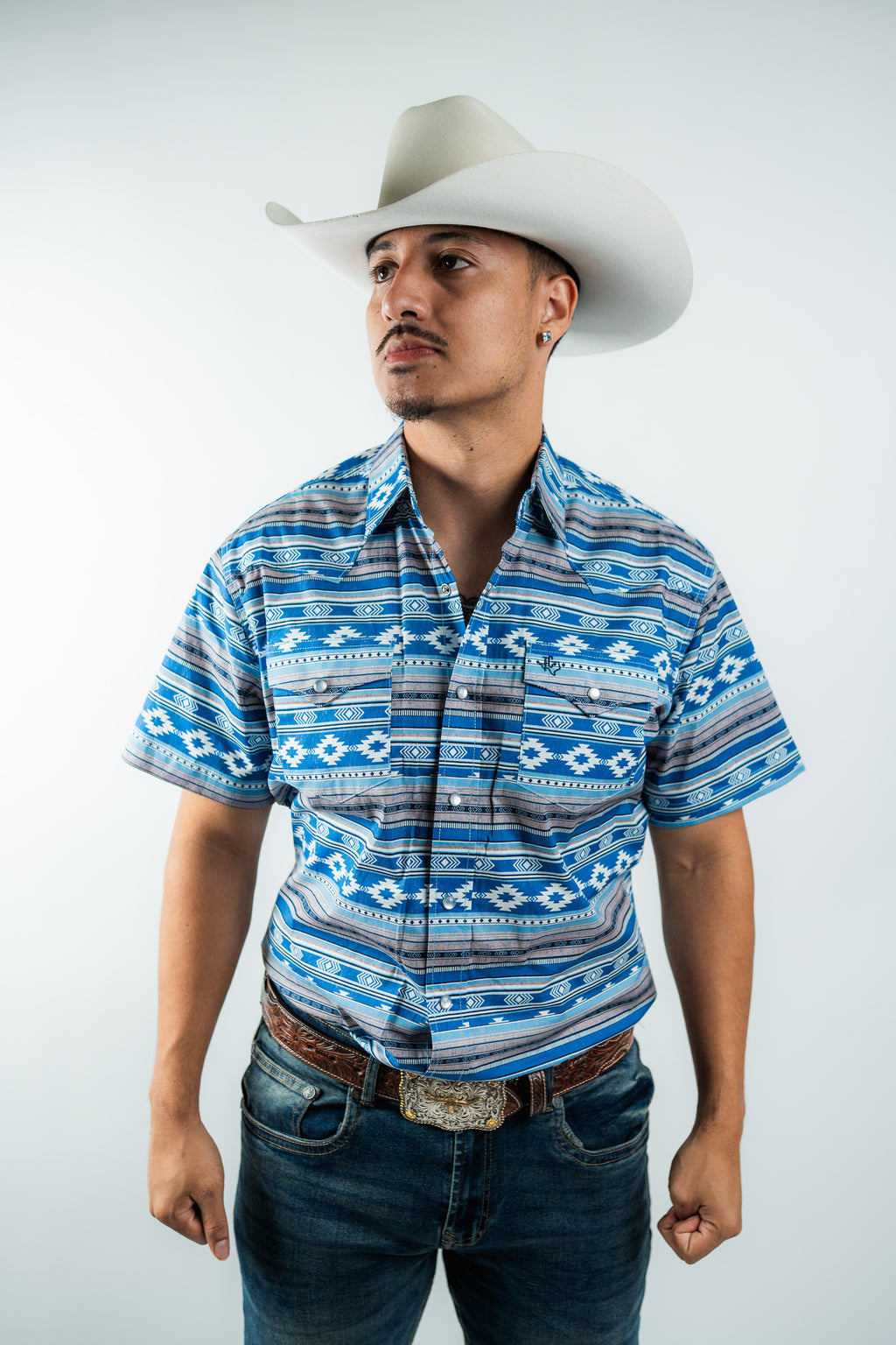 Texas Country - Light Blue Aztec Pearl Snap Short Sleeve Shirt (PS100L/T #1119)
