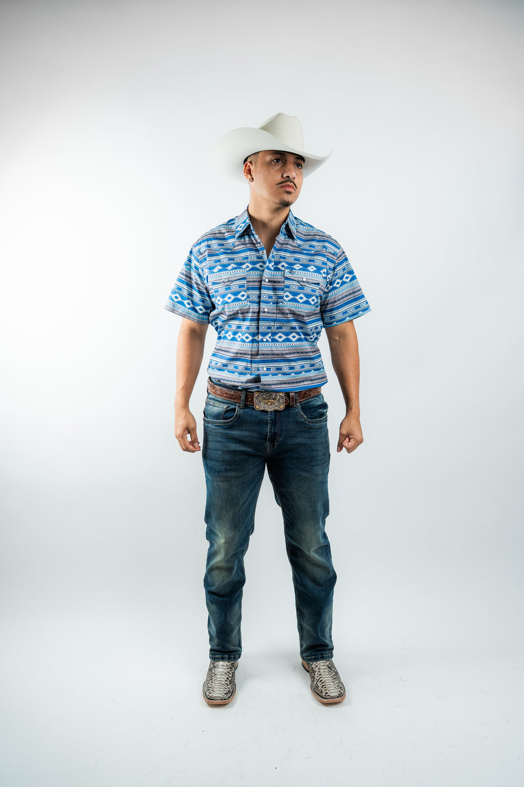 Texas Country - Light Blue Aztec Pearl Snap Short Sleeve Shirt (PS100L/T #1119)