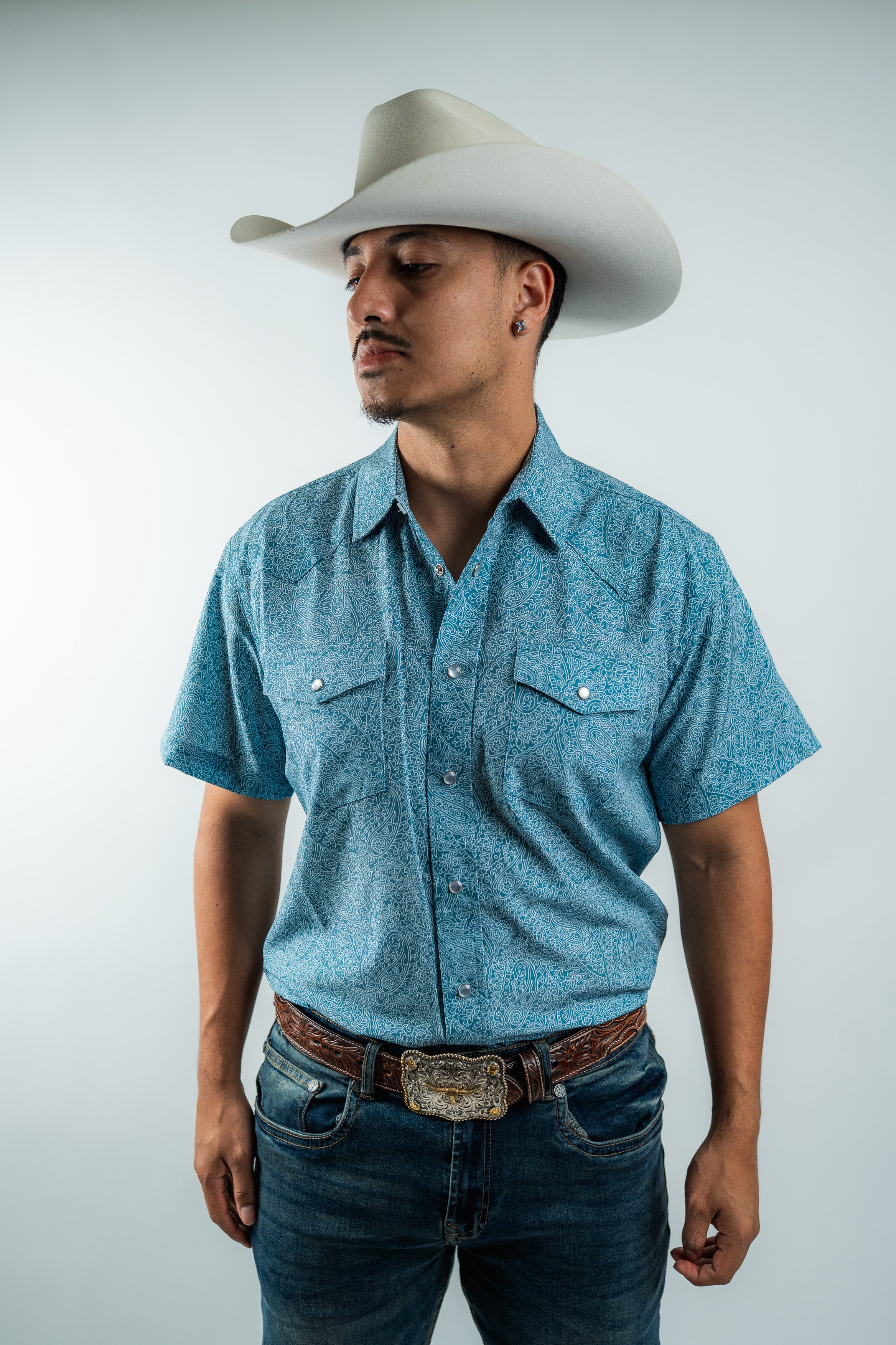Texas Country - Light Blue Floral Pearl Snap Short Sleeve Shirt (RT101S/T #1100)