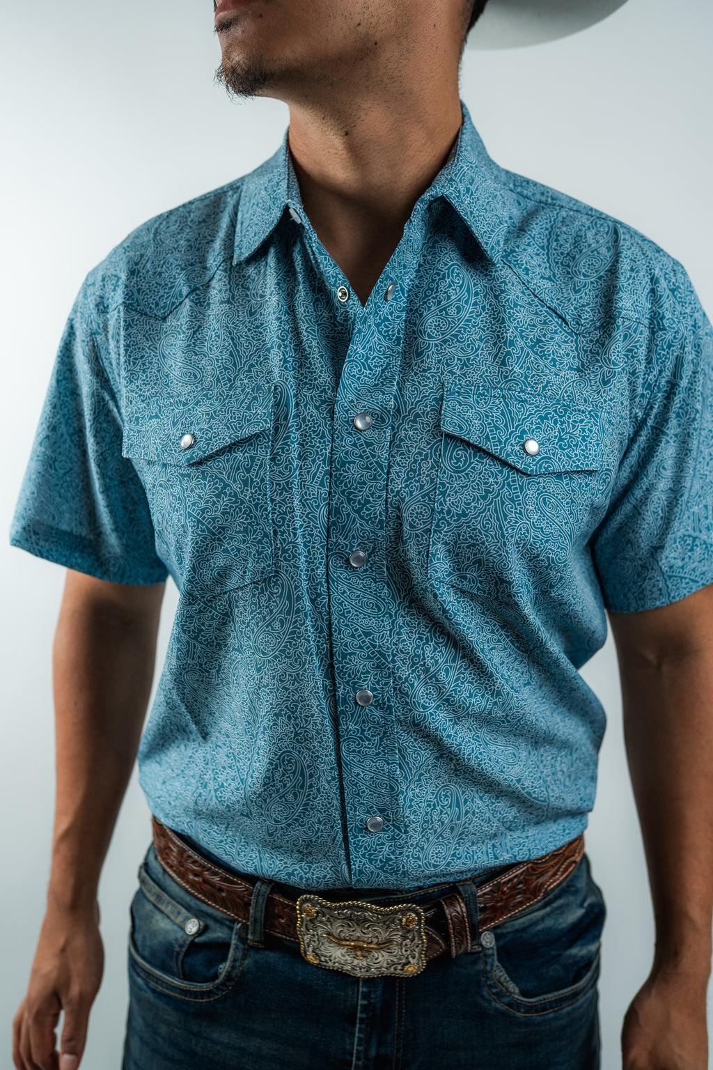 Texas Country - Light Blue Floral Pearl Snap Short Sleeve Shirt (RT101S/T #1100)