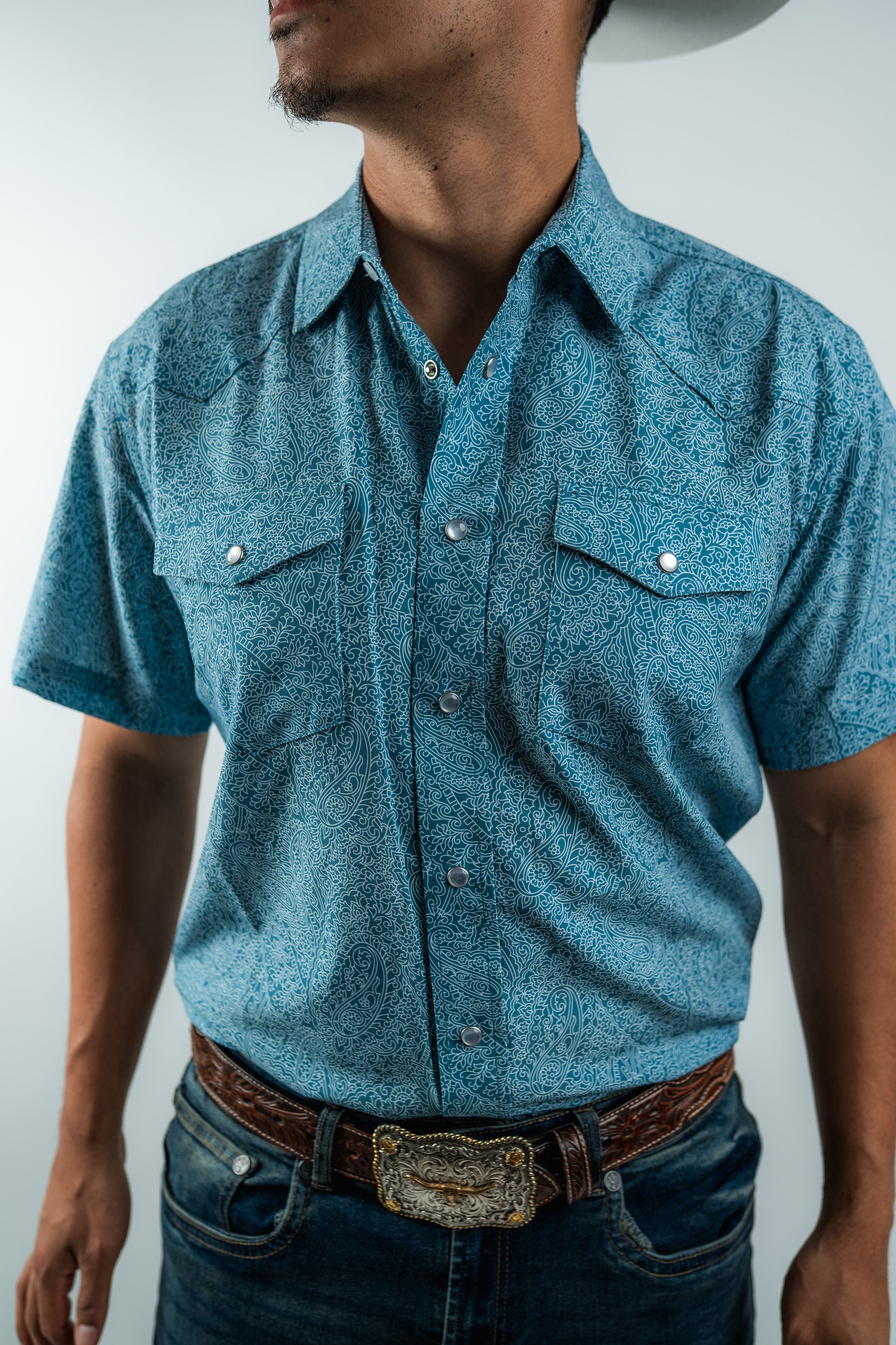 Texas Country - Light Blue Floral Pearl Snap Short Sleeve Shirt (RT101S/T #1100)