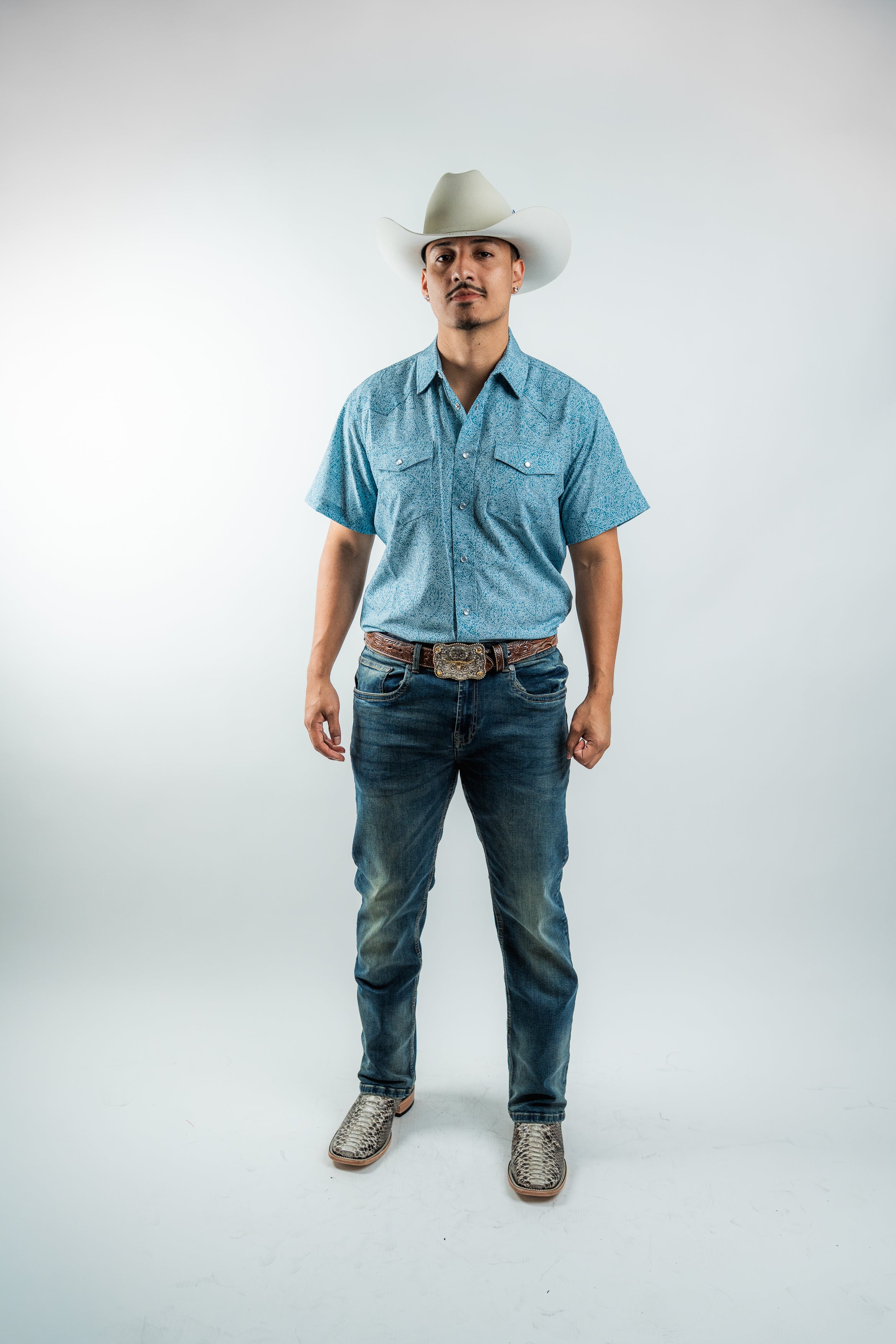 Texas Country - Light Blue Floral Pearl Snap Short Sleeve Shirt (RT101S/T #1100)