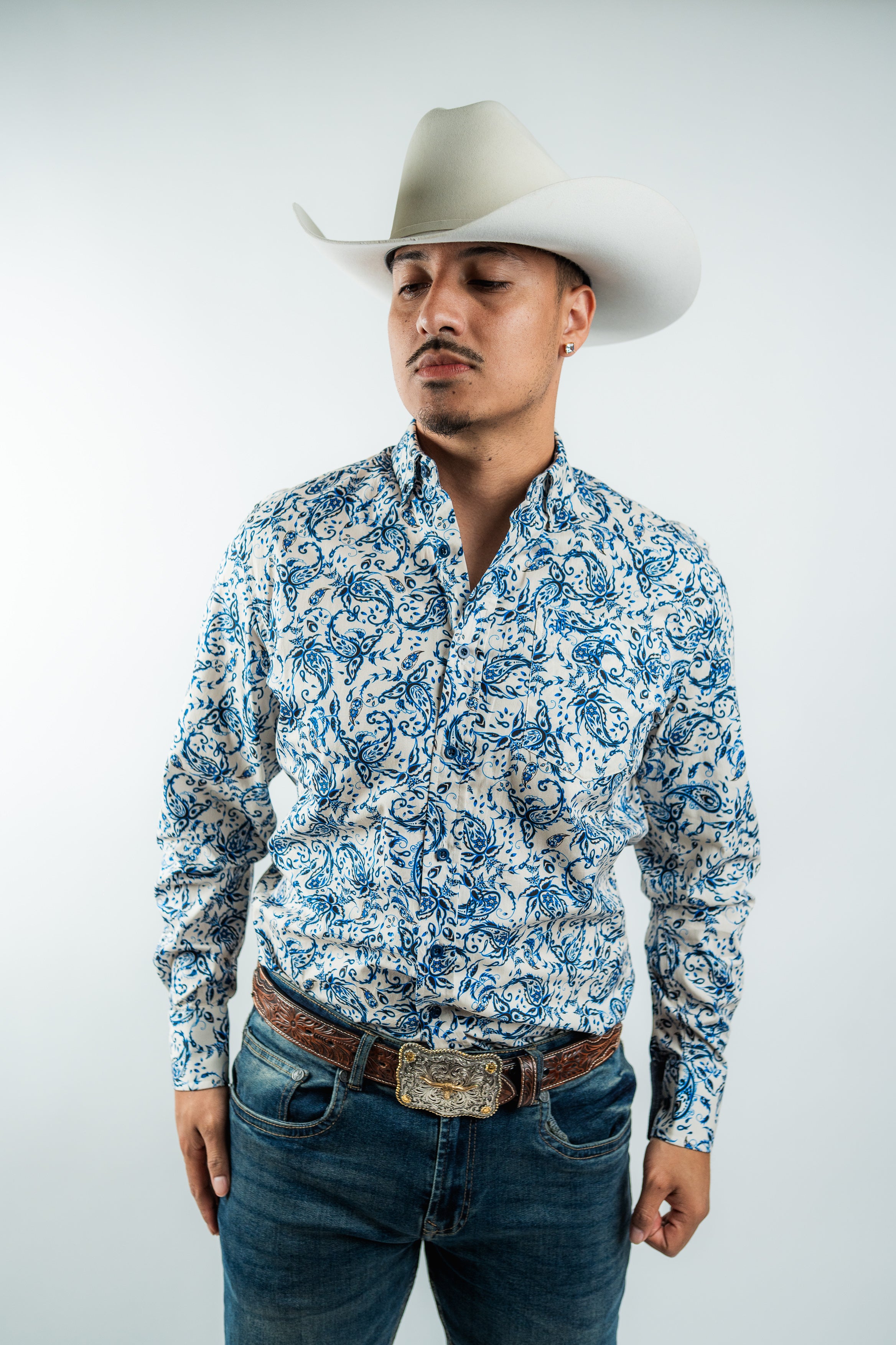 Texas Country - White Floral Button-Up Long Sleeve Shirt (MOD 1079)