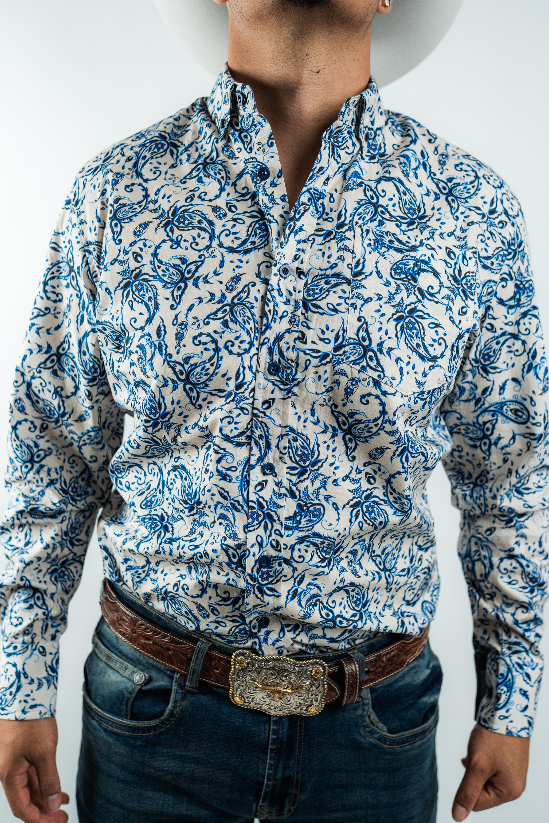 Texas Country - White Floral Button-Up Long Sleeve Shirt (MOD 1079)