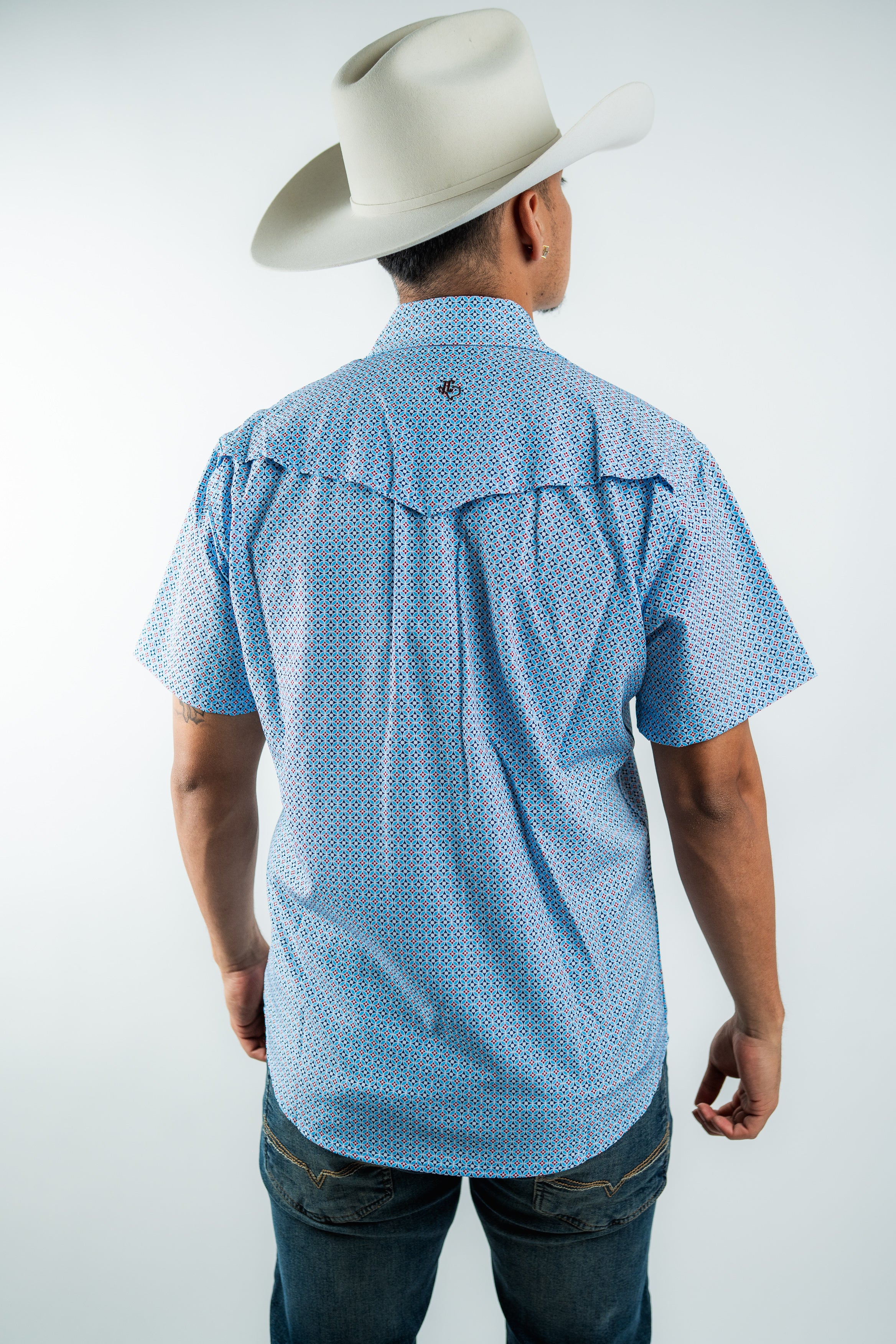 Texas Country - Geometric Blue Pearl Snap Short Sleeve Shirt (RT101S/T #1105)