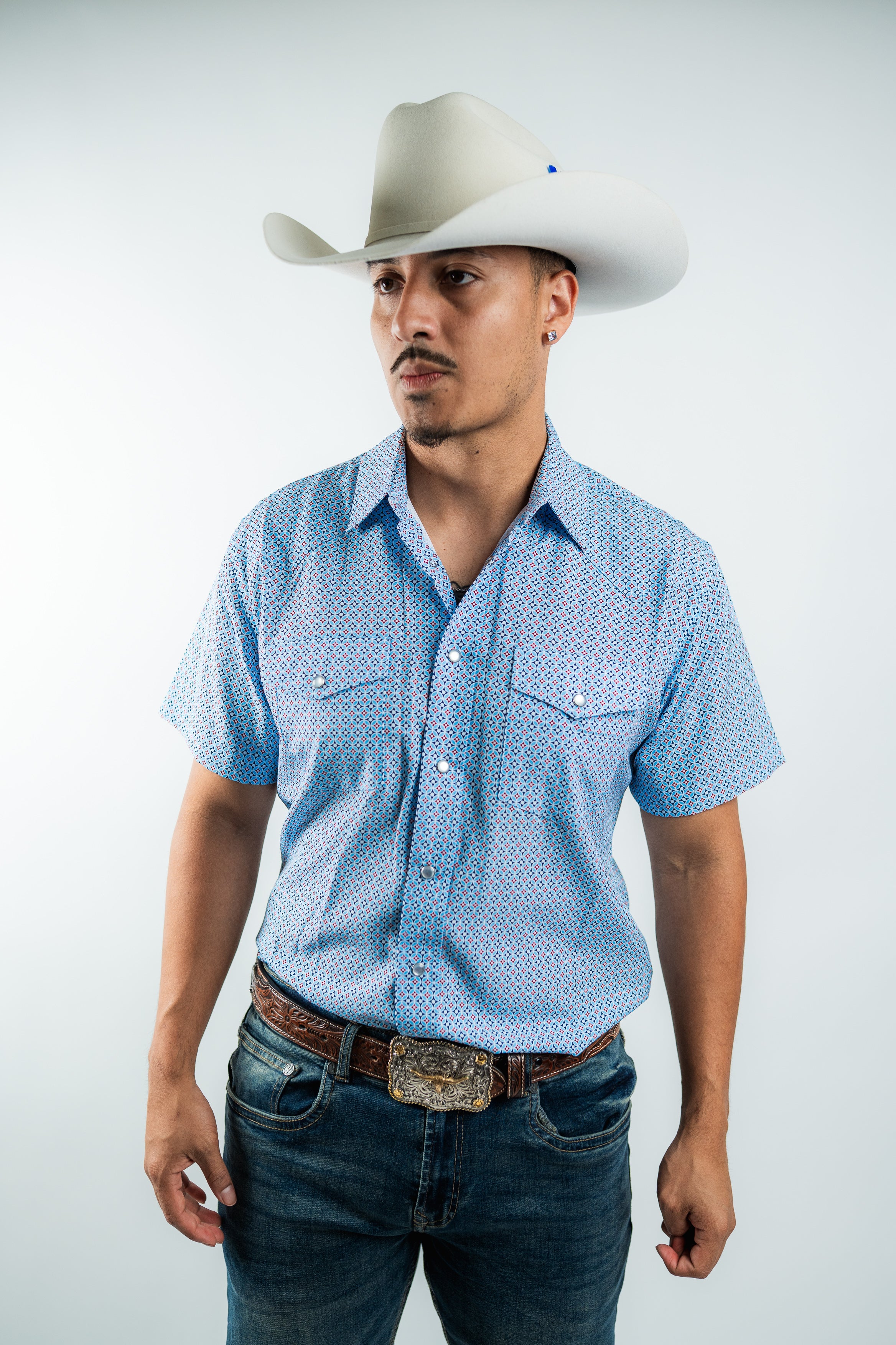 Texas Country - Geometric Blue Pearl Snap Short Sleeve Shirt (RT101S/T #1105)