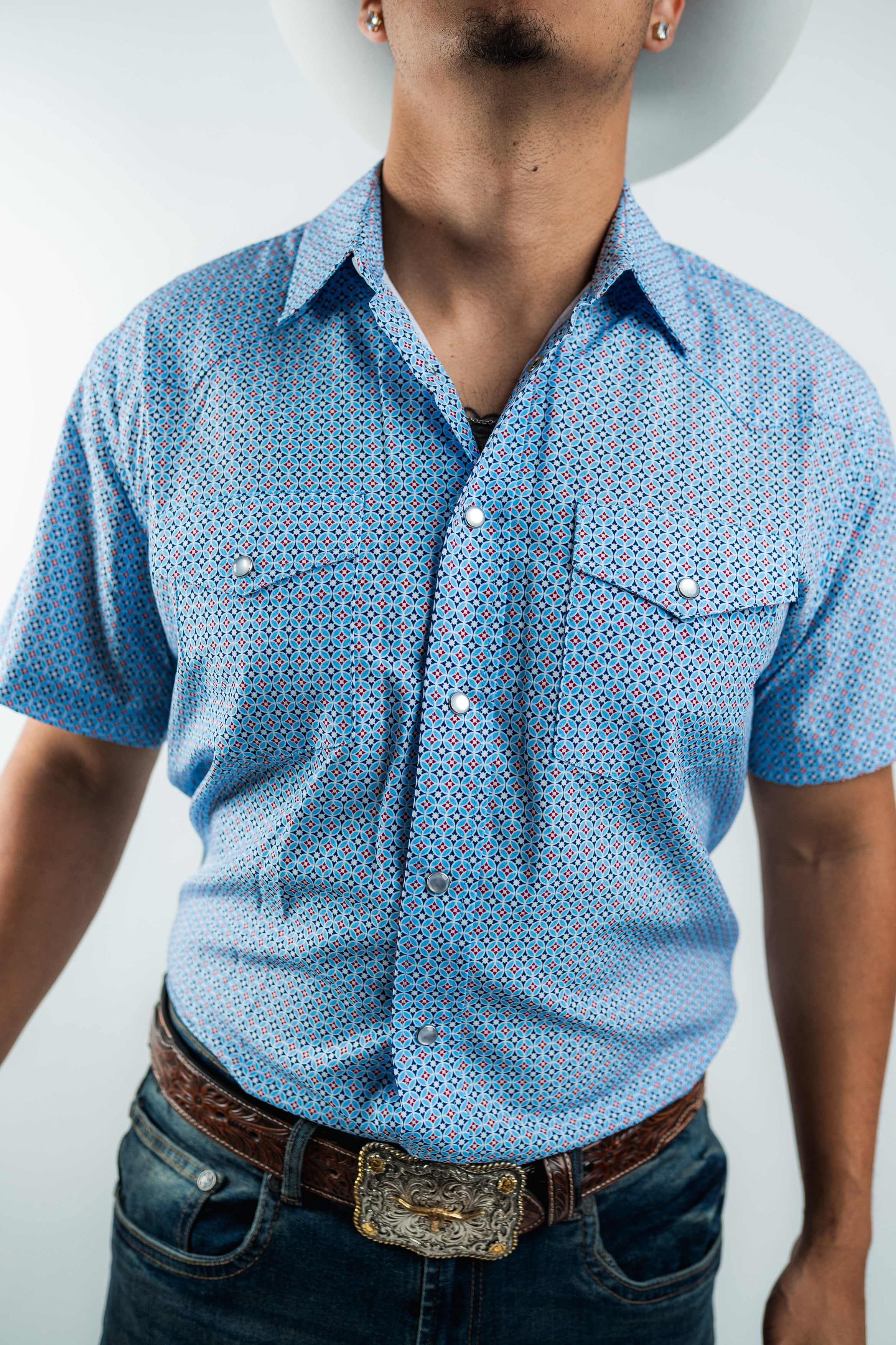 Texas Country - Geometric Blue Pearl Snap Short Sleeve Shirt (RT101S/T #1105)