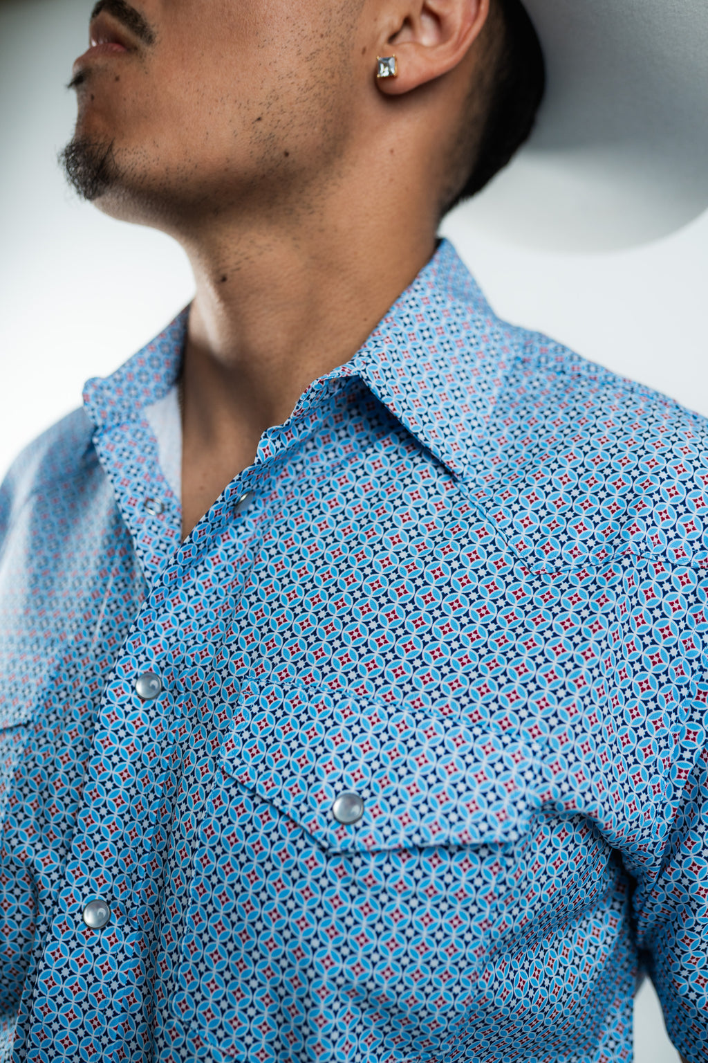 Texas Country - Geometric Blue Pearl Snap Short Sleeve Shirt (RT101S/T #1105)