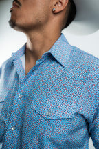Texas Country - Geometric Blue Pearl Snap Short Sleeve Shirt (RT101S/T #1105)