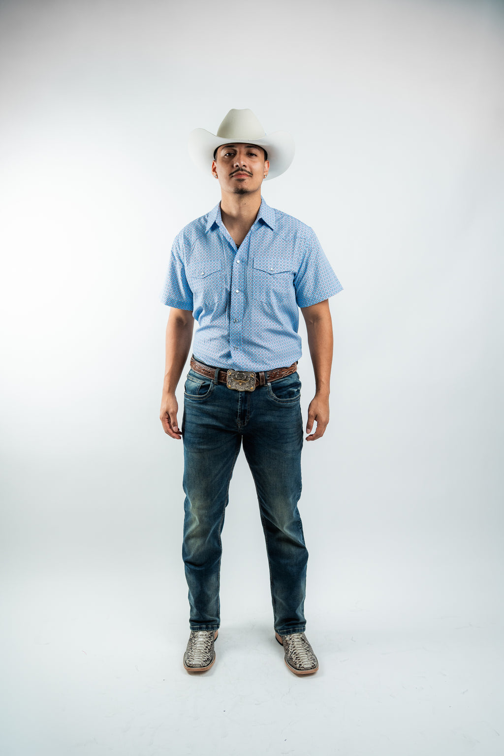 Texas Country - Geometric Blue Pearl Snap Short Sleeve Shirt (RT101S/T #1105)