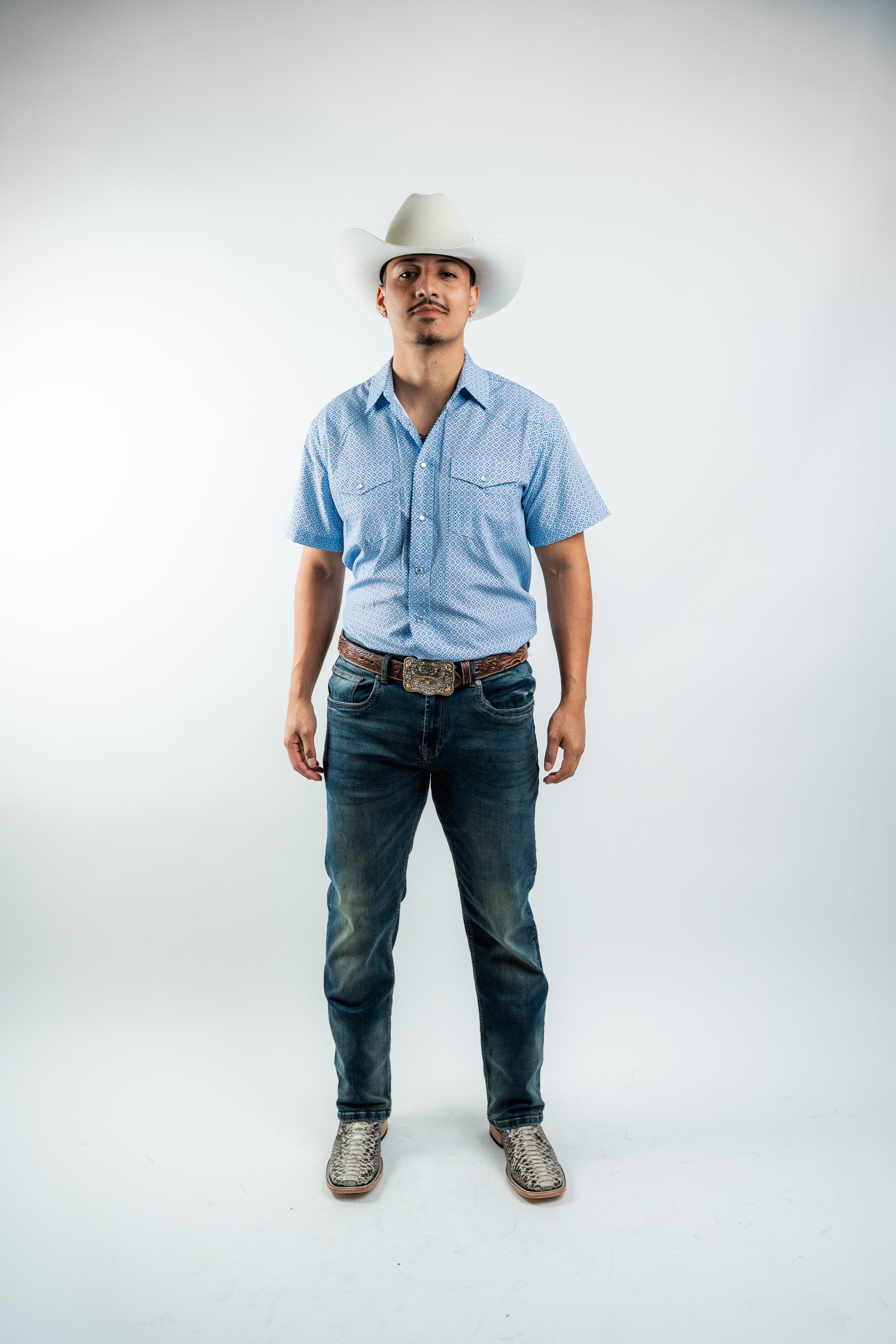Texas Country - Geometric Blue Pearl Snap Short Sleeve Shirt (RT101S/T #1105)
