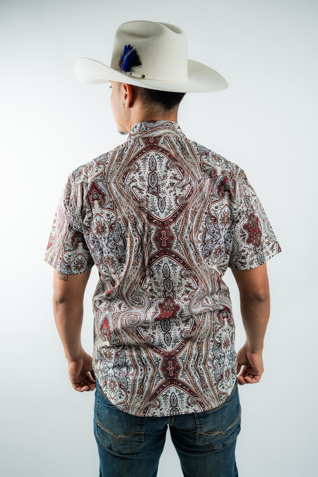 Texas Country - White &amp; Maroon Floral Pearl Short Sleeve Shirt (PS100S/T #1120)