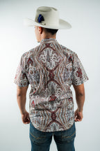 Texas Country - White &amp; Maroon Floral Pearl Short Sleeve Shirt (PS100S/T #1120)