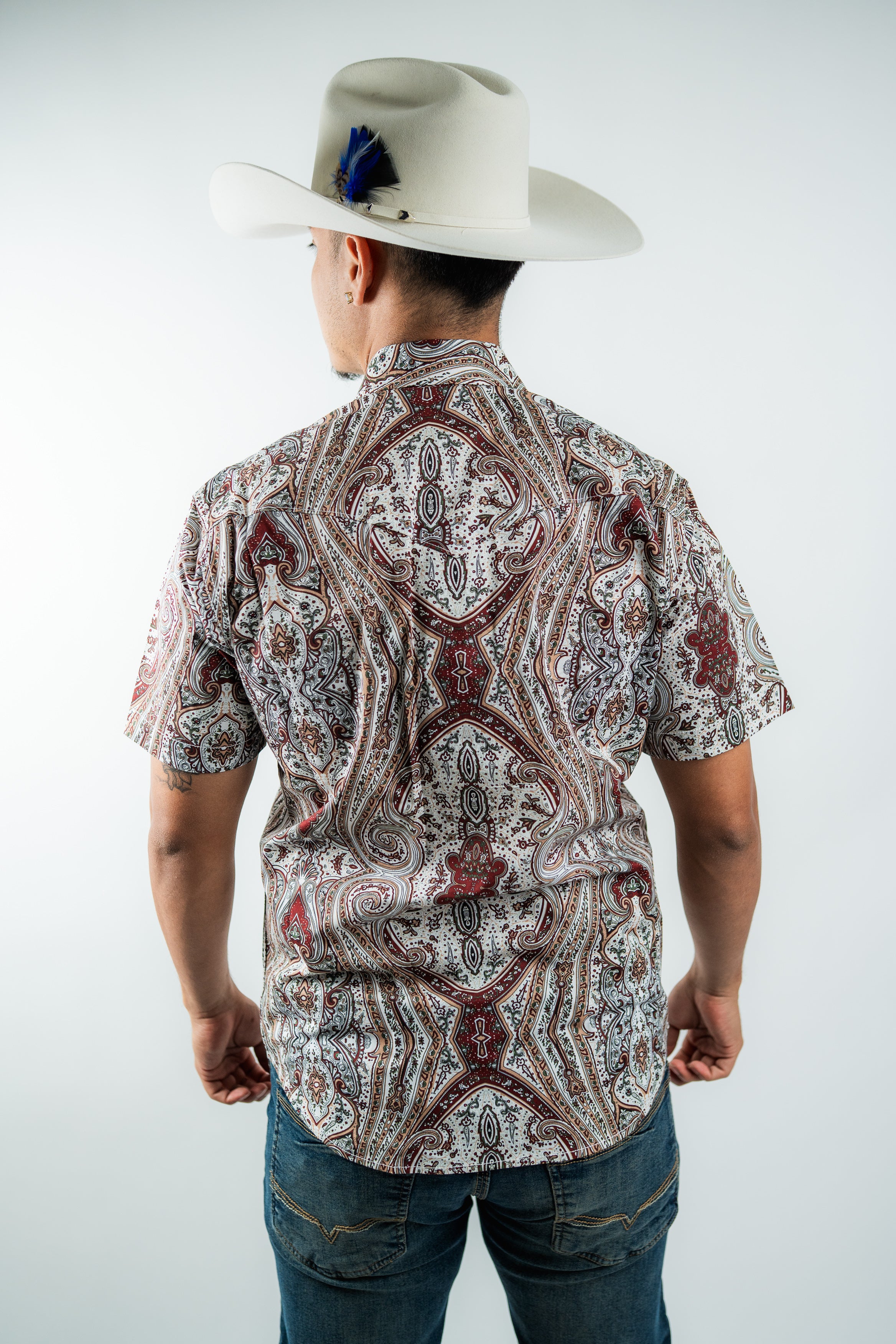 Texas Country - White &amp; Maroon Floral Pearl Short Sleeve Shirt (PS100S/T #1120)