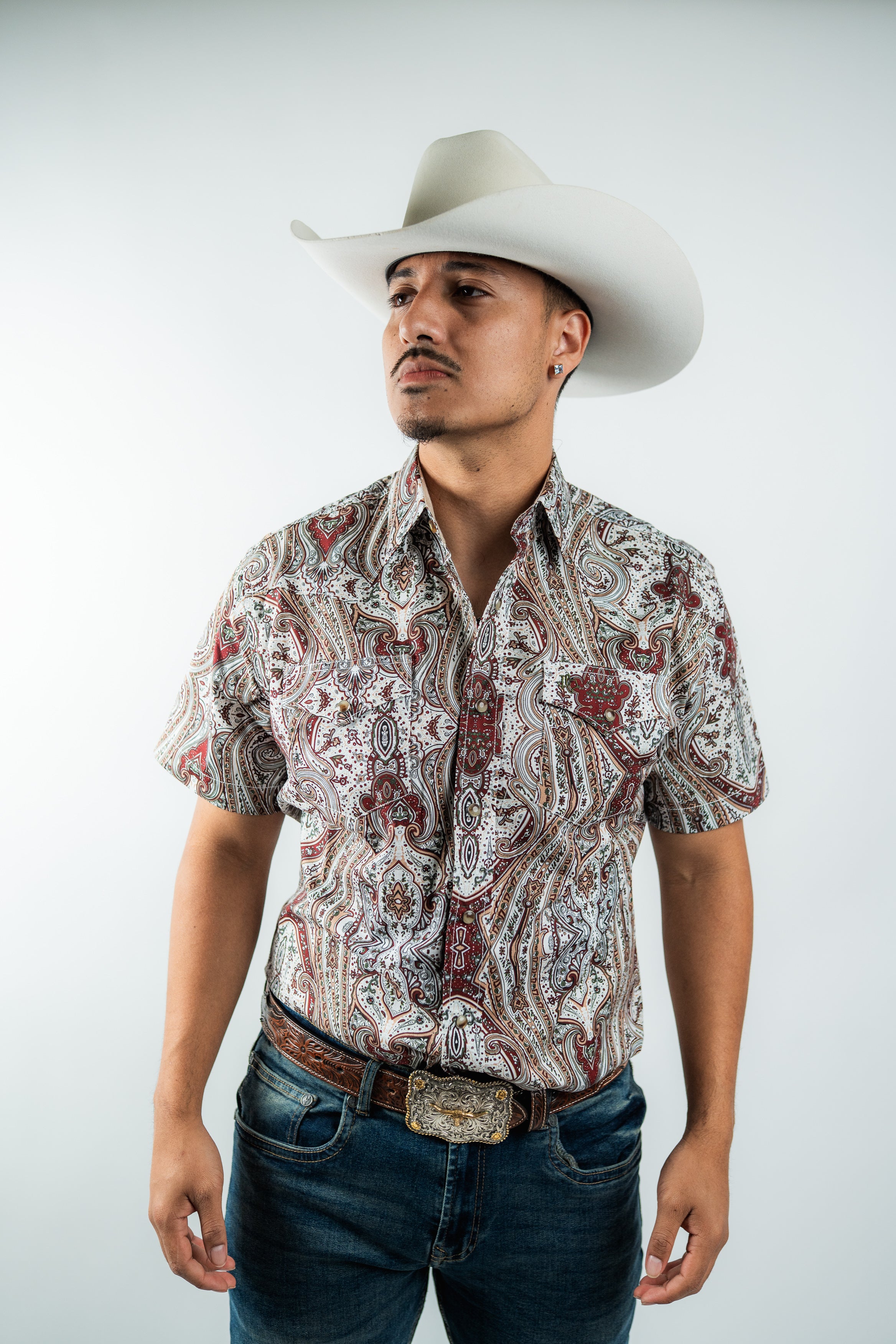 Texas Country - White &amp; Maroon Floral Pearl Short Sleeve Shirt (PS100S/T #1120)