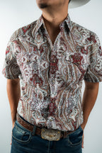 Texas Country - White &amp; Maroon Floral Pearl Short Sleeve Shirt (PS100S/T #1120)