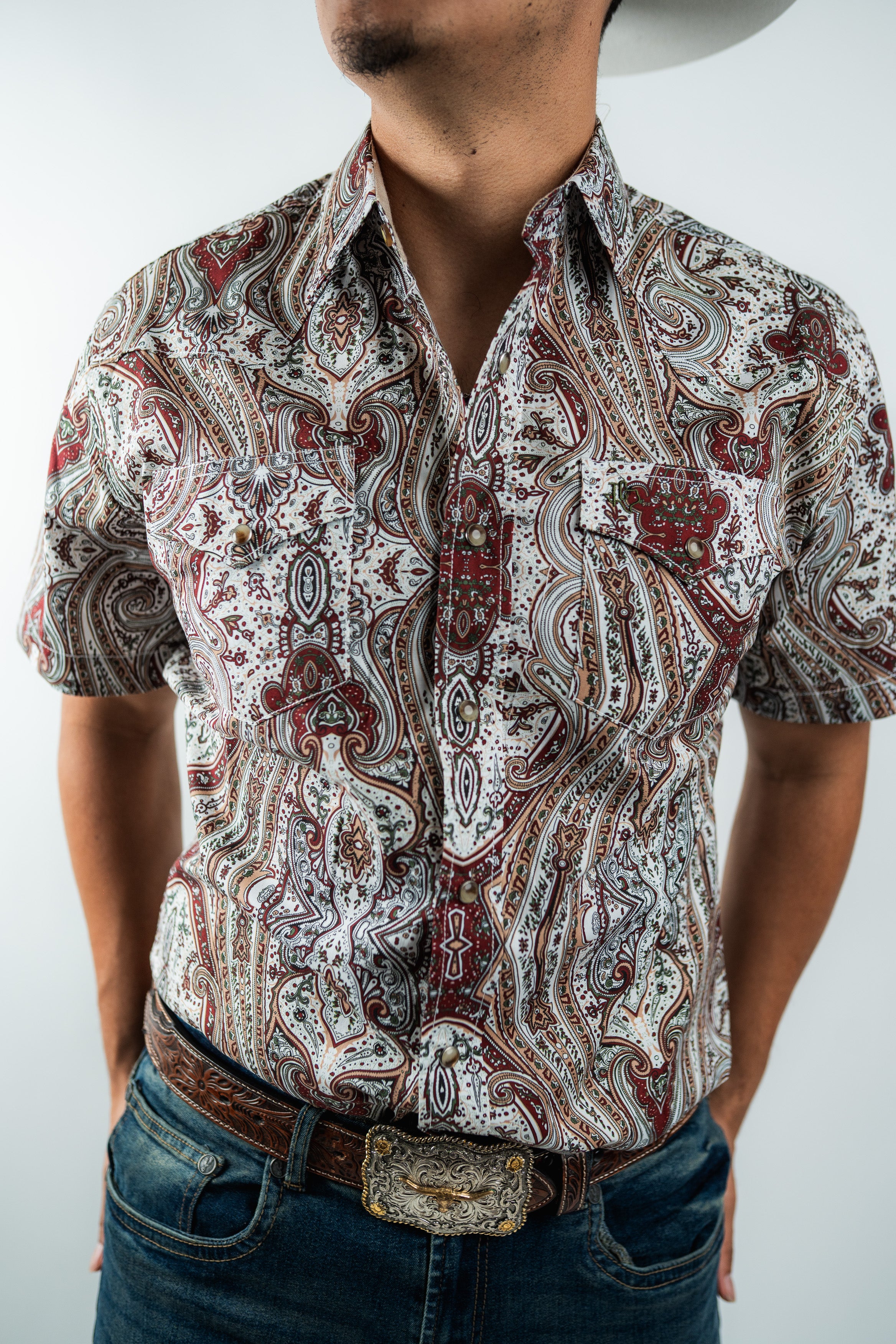 Texas Country - White &amp; Maroon Floral Pearl Short Sleeve Shirt (PS100S/T #1120)