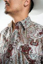 Texas Country - White &amp; Maroon Floral Pearl Short Sleeve Shirt (PS100S/T #1120)