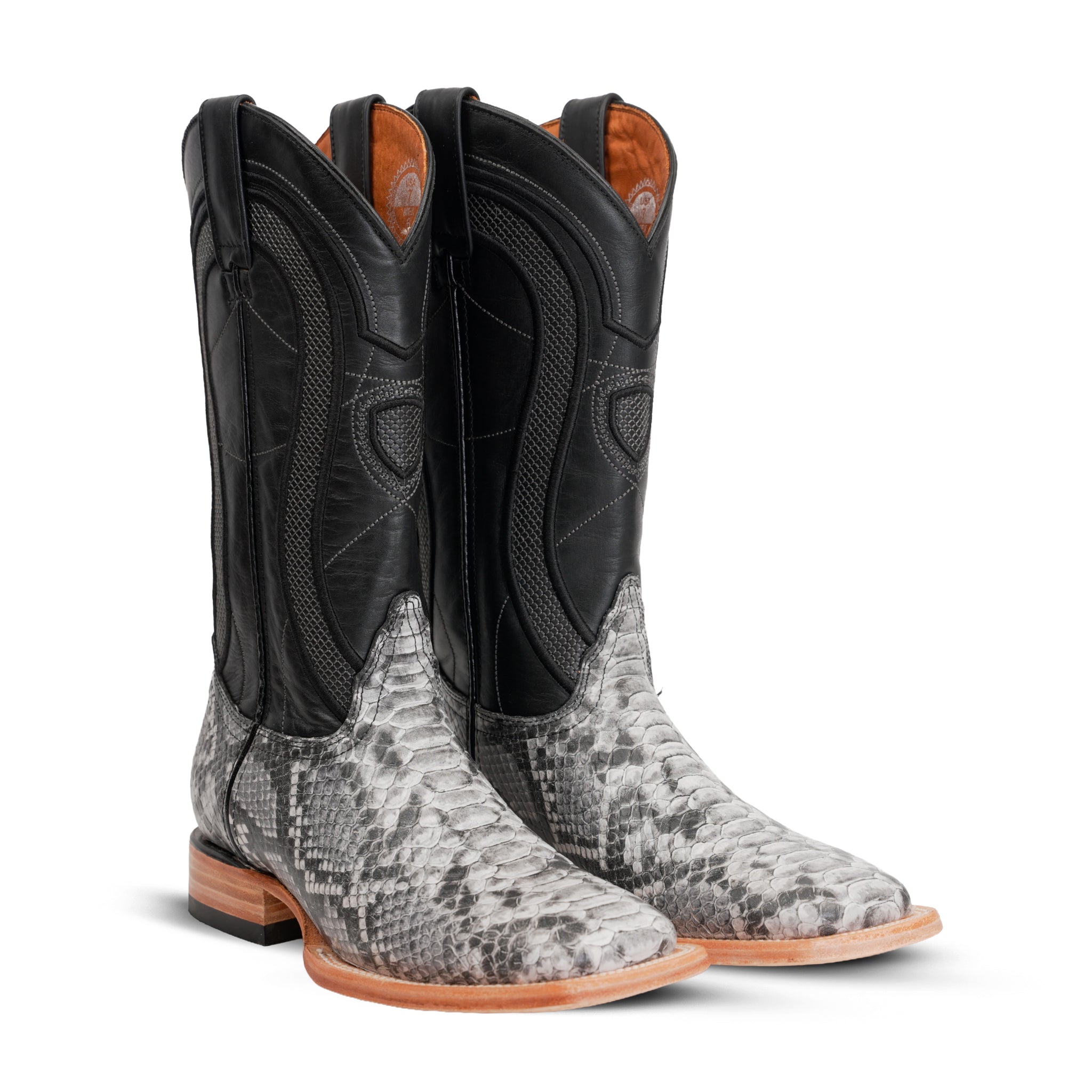 Python Natural Cowboy Boots - Embossed Leather - Square Toe (E913)