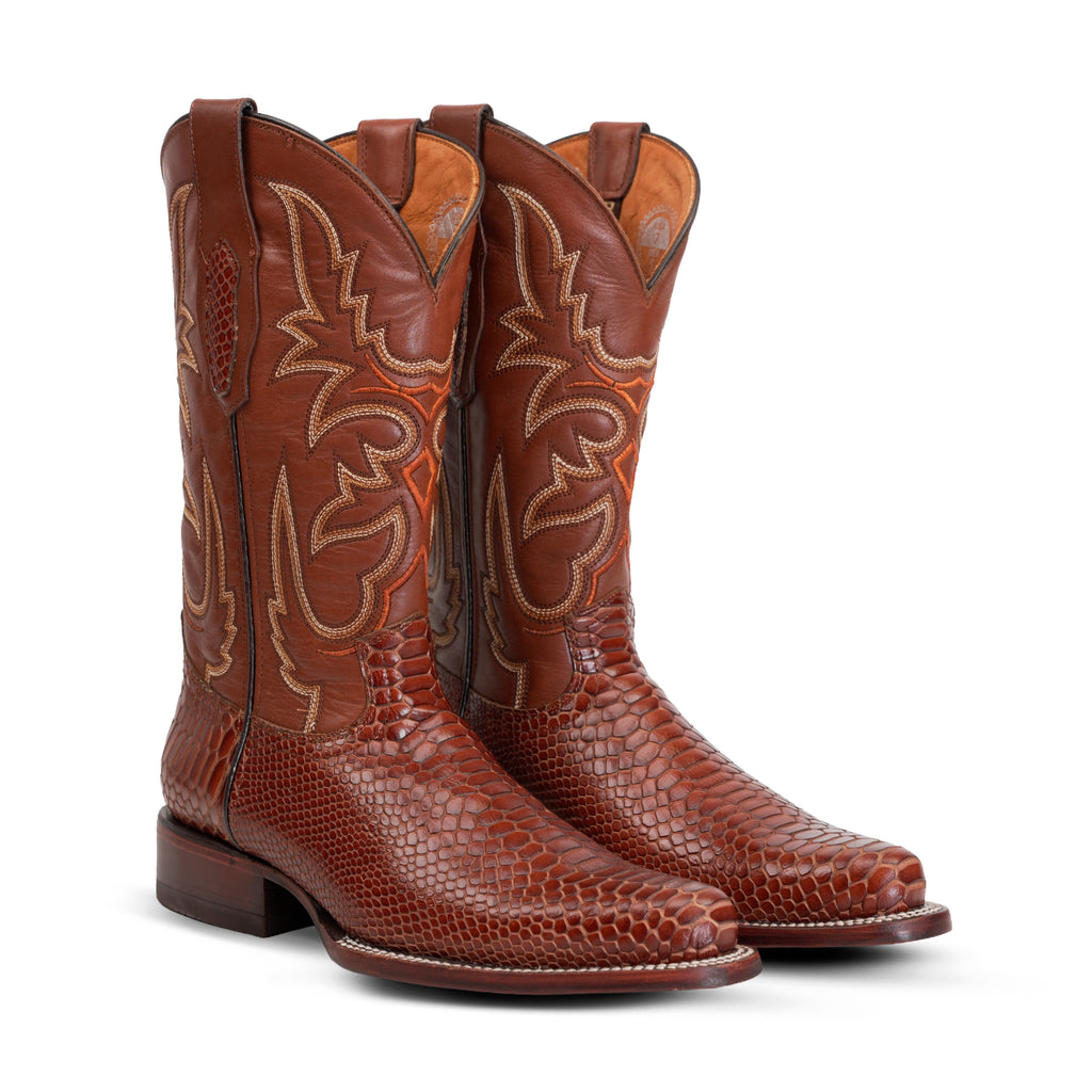 Snake Cognac Boots - Embossed Leather - Round Toe (E953)