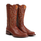 Snake Cognac Boots - Embossed Leather - Round Toe (E953)