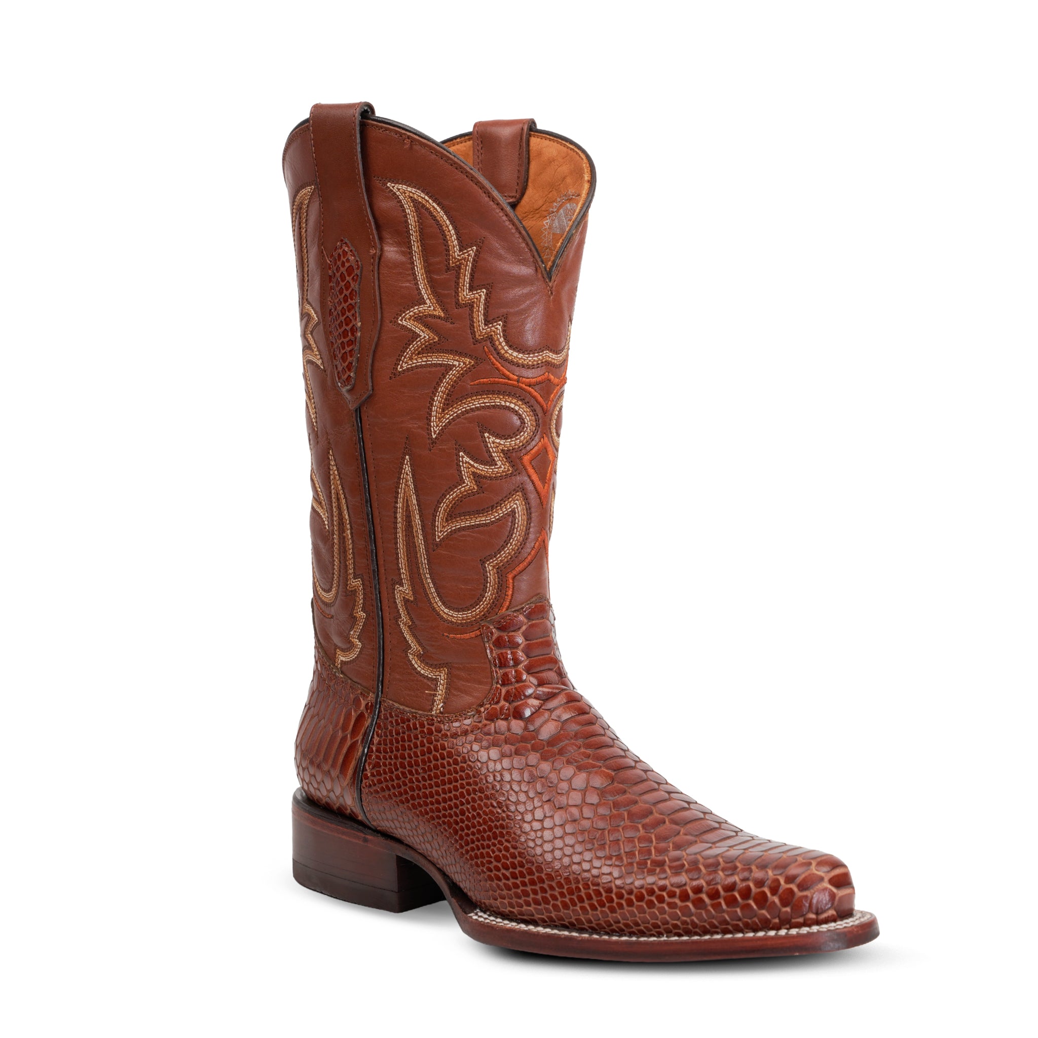 Snake Cognac Boots - Embossed Leather - Round Toe (E953)