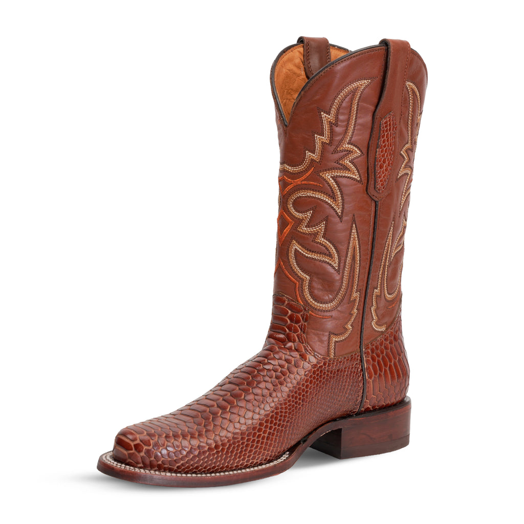 Snake Cognac Boots - Embossed Leather - Round Toe (E953)