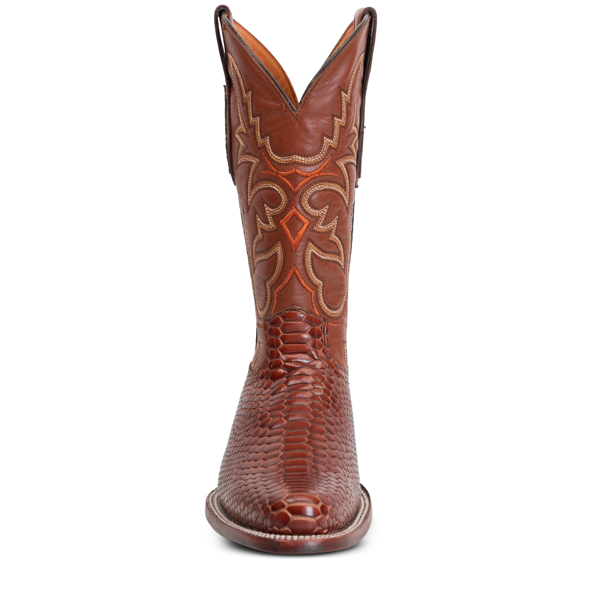 Snake Cognac Boots - Embossed Leather - Round Toe (E953)