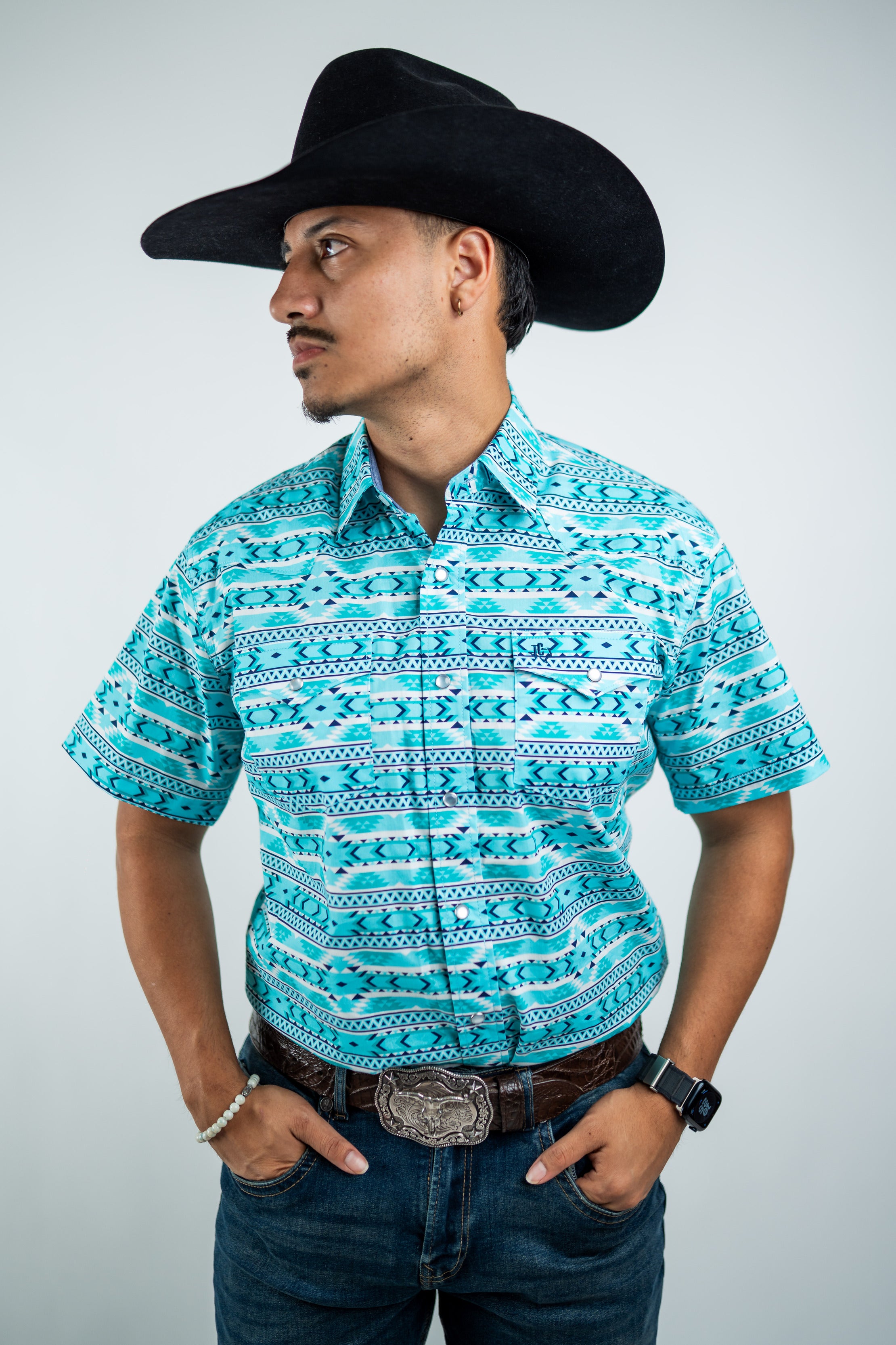 Texas Country - Turquoise Aztec Pearl Snap Short Sleeve Shirt (PS100S/T #1125)