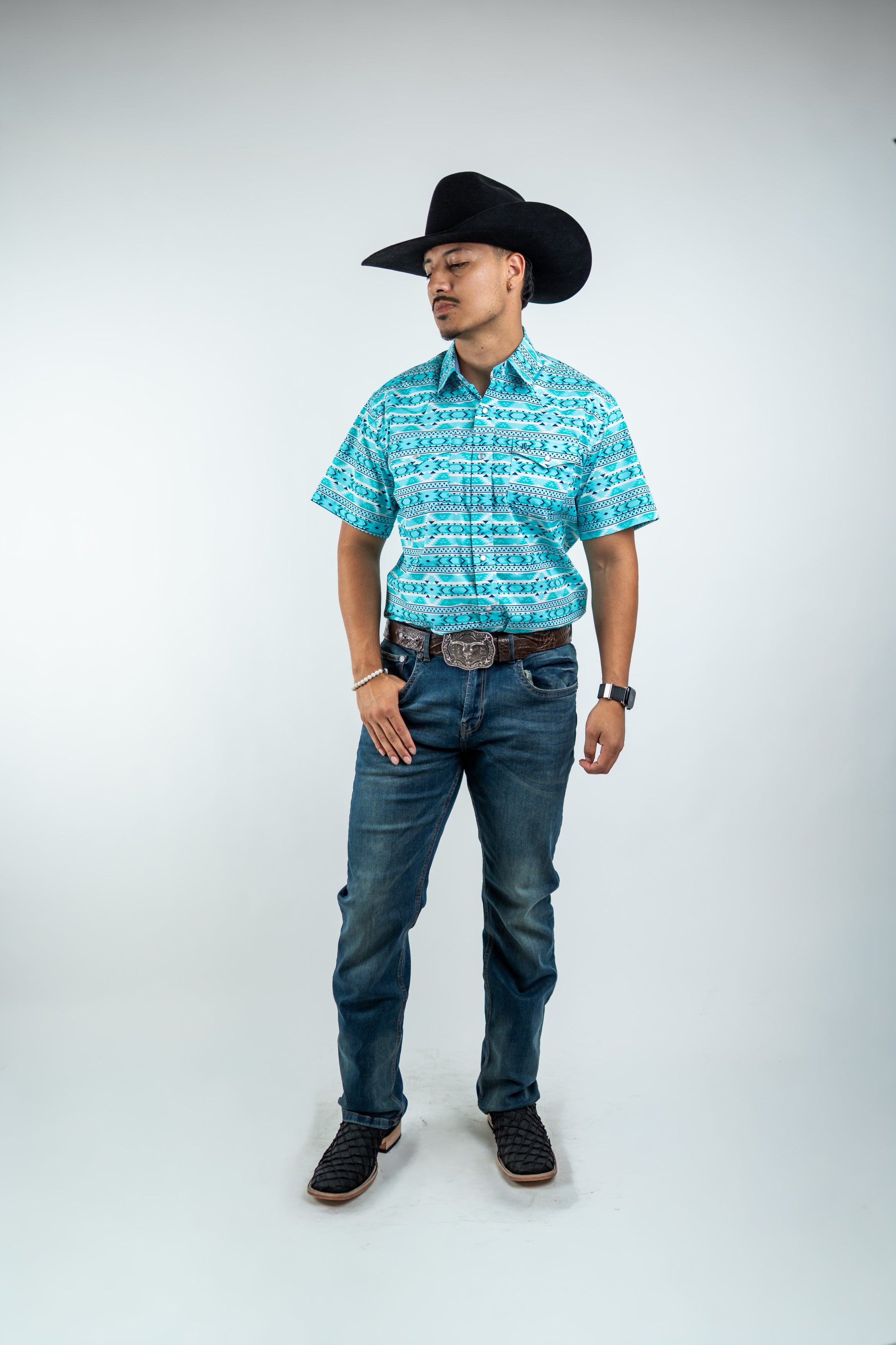 Texas Country - Turquoise Aztec Pearl Snap Short Sleeve Shirt (PS100S/T #1125)