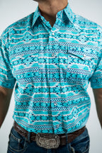 Texas Country - Turquoise Aztec Pearl Snap Short Sleeve Shirt (PS100S/T #1125)