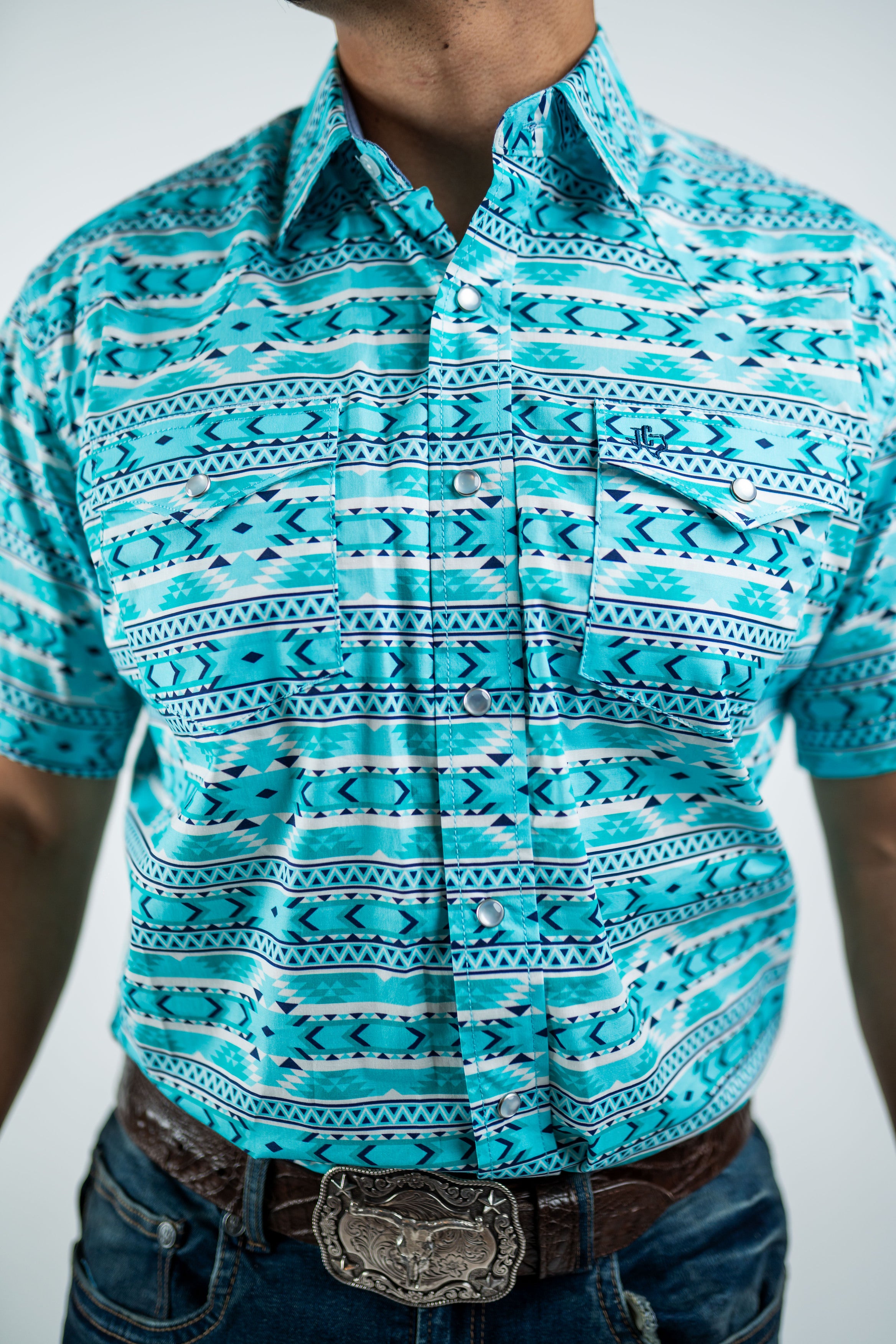 Texas Country - Turquoise Aztec Pearl Snap Short Sleeve Shirt (PS100S/T #1125)