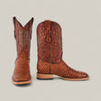 The Python Print Rustic Cogñac - Square Toe boots feature brown leather with a textured python print and embroidered HP initials on the shafts, displayed against a plain light background.