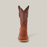 A single Python Print Rustic Cogñac - Square Toe cowboy boot with a textured, snakeskin-like pattern and an embroidered monogram logo on the front, displayed upright against a plain light background.