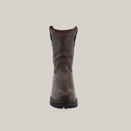 The Brown Roper - Tractor Sole - Soft Toe stands upright on a white background. Made from premium cowhide leather, it features a durable tractor sole, subtle stitching for rugged style, and small loops near the top that add functionality.
