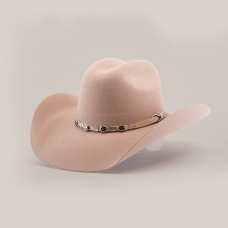 The 6X Chihuahua Belly is a beige cowboy hat made from premium sheep wool, featuring a wide brim and a decorative band with metallic accents around the crown on a plain white background.