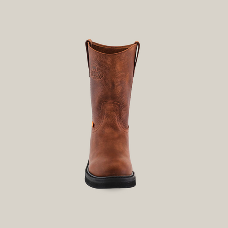 A single Brandy Roper boot with pull tabs is upright against a white background, highlighting its textured premium cowhide leather and sturdy black sole. Reflecting Western bootmaking heritage, the brown leather work boot showcases its front view with Laredo Sole and Soft Toe.