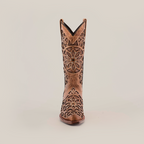 A single Vitralli Crystals - Mid Shaft - Snip Toe cowboy boot with intricate floral cut-out patterns and sparkling crystals, displayed on a plain white background.