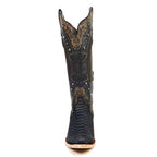 Texas Country Bota Exotica Dama Priscila - Python Black Cowgirl Boots - Tall Shaft - Snip Toe (E31)