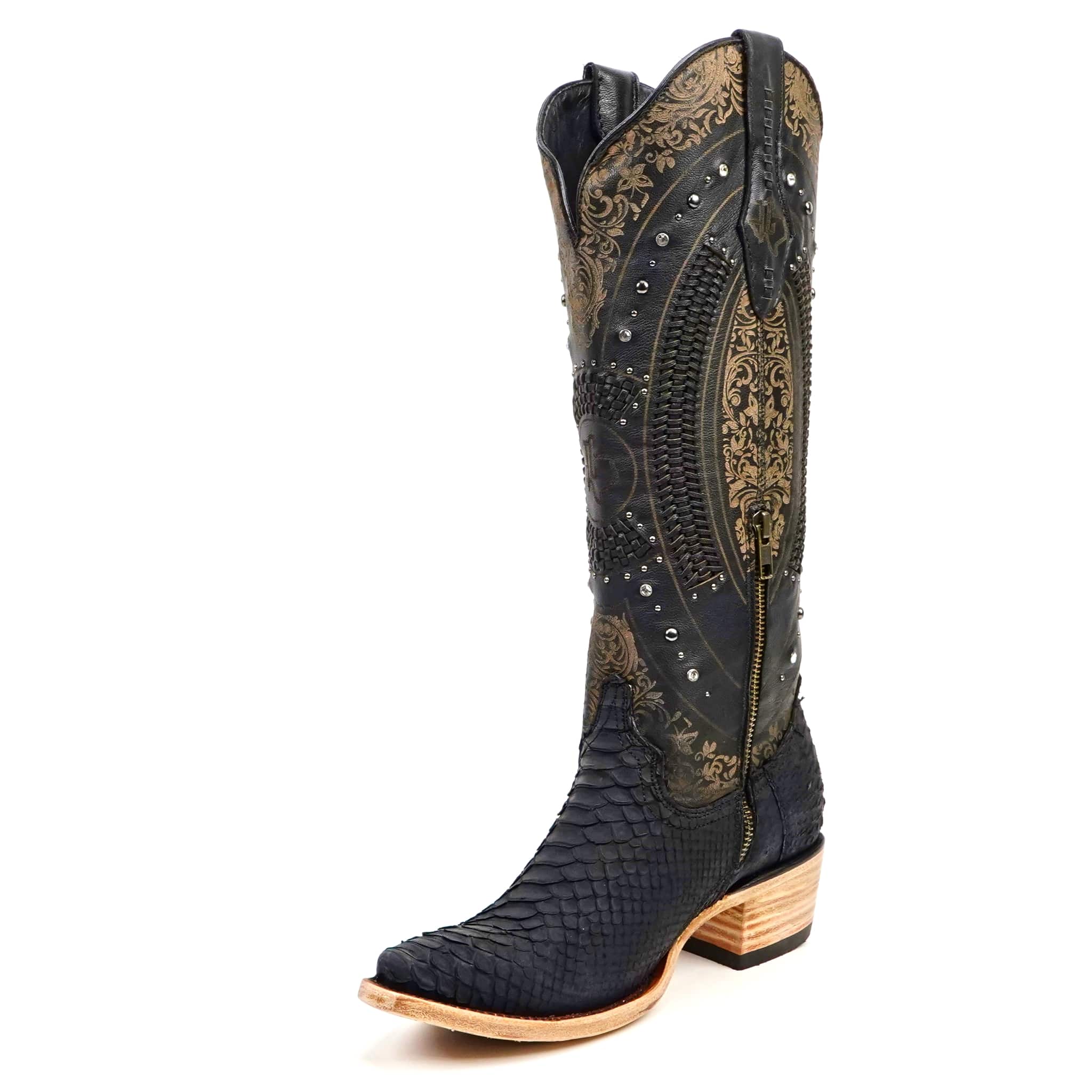 Texas Country Bota Exotica Dama Priscila - Python Black Cowgirl Boots - Tall Shaft - Snip Toe (E31)