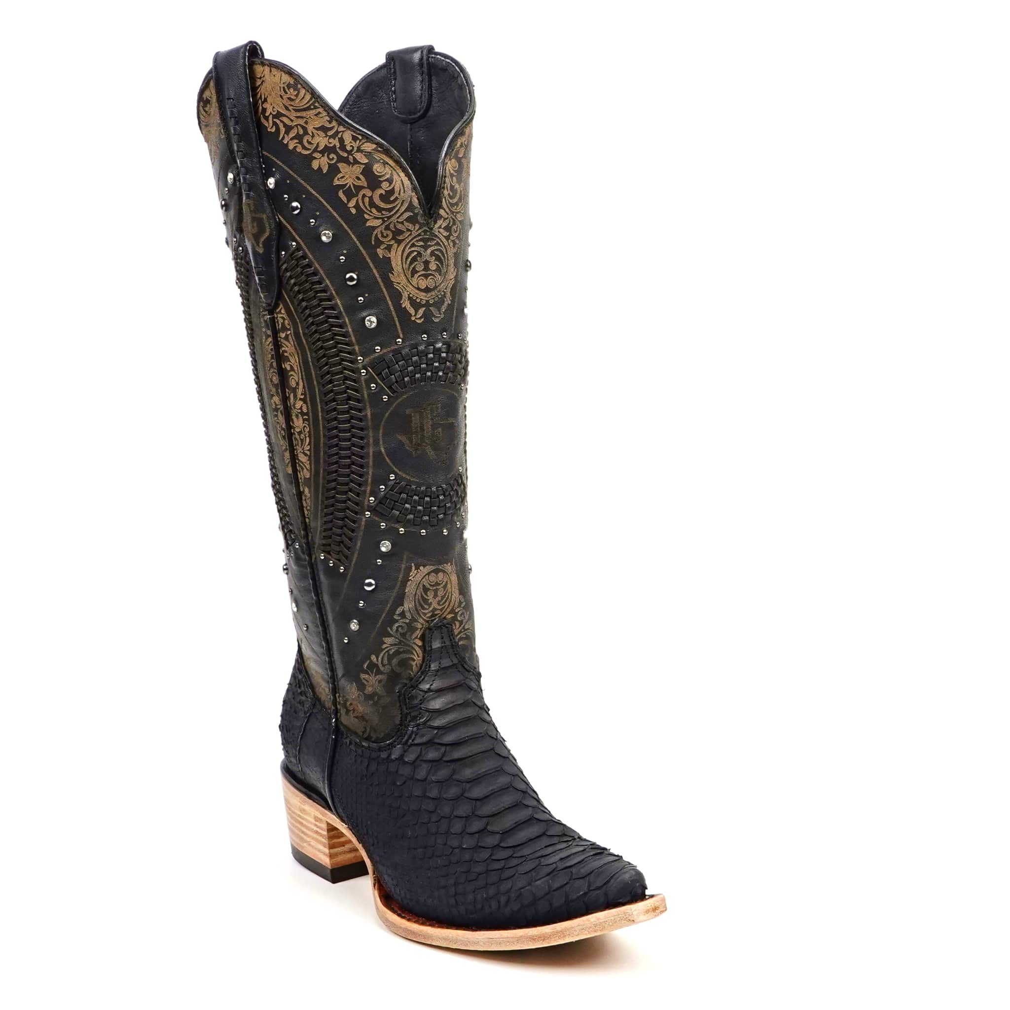 Texas Country Bota Exotica Dama Priscila - Python Black Cowgirl Boots - Tall Shaft - Snip Toe (E31)