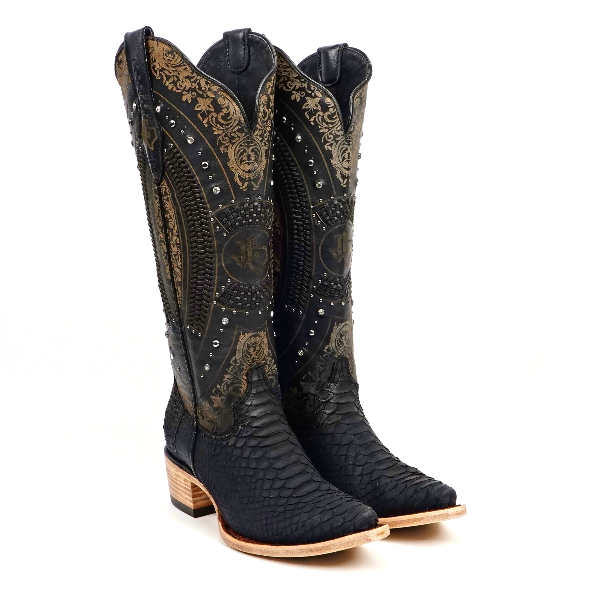Texas Country Bota Exotica Dama Priscila - Python Black Cowgirl Boots - Tall Shaft - Snip Toe (E31)